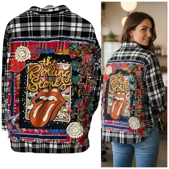 Upcycled Flannel Shirt Womens XL Rolling Stone Grunge Shacket Rock Concert Art - Picture 1 of 16